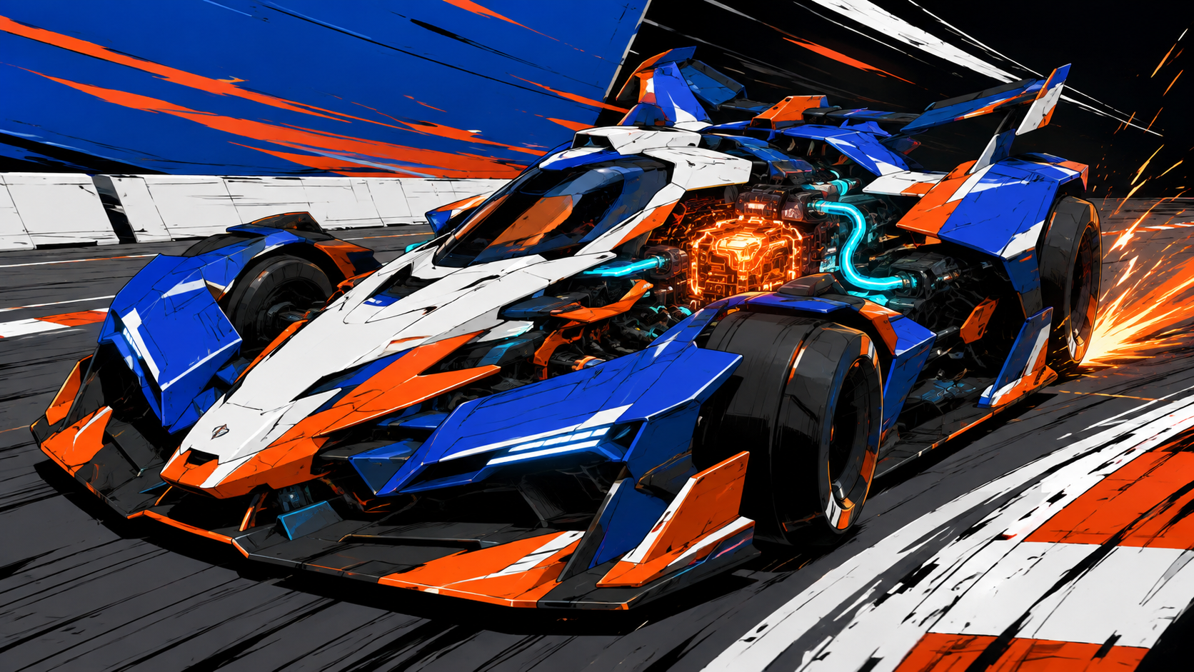 Original cobalt-blue and vermilion hard-surface chip racer cutting a high-speed corner